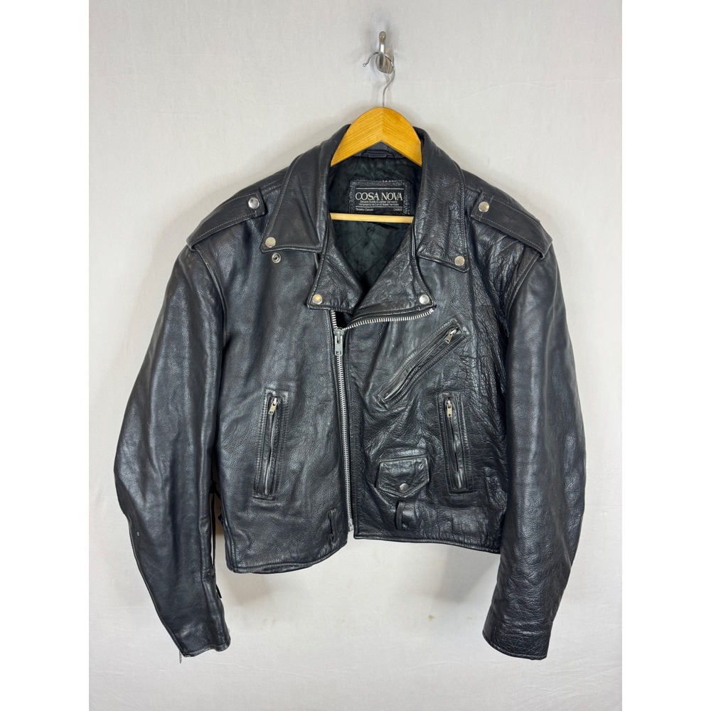 Cosa Nova Vintage Black Leather Motorcycle Jacket Harley Davidson Patch Mens XL